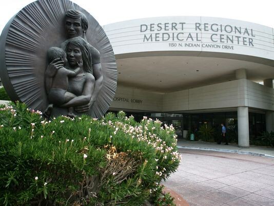 Exterior view of Desert Regional Medical Center's main entrance. File Photo