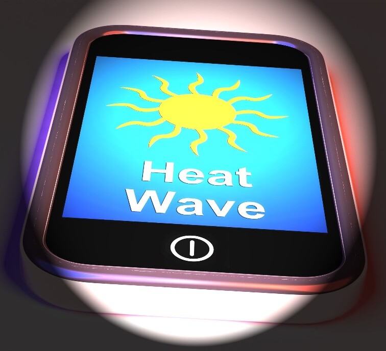 The screen of a smartphone shows an animated blazing sun with the words "Heat Wave" under it. Stock Illustration