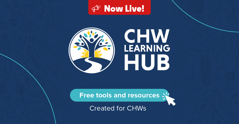 The CHW Hub is now live. Submitted Graphic A text graphic with a dark blue background with red and teal accents, with letters in white.