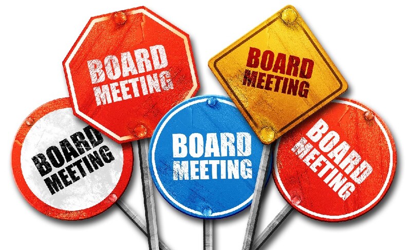 A collection of signposts holding signs that show "Board Meeting," with a white background. Stock Illustration