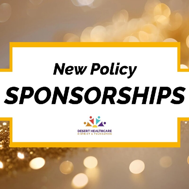 Graphic design shows "New Policy Sponsorships" in black letters on white background that has a semi-cross shape. Behind the white is an image of golden balls of light.